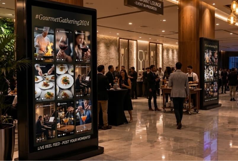 Contenuto ospite dal vivo visualizzato su uno schermo durante un matrimonio o una conferenza