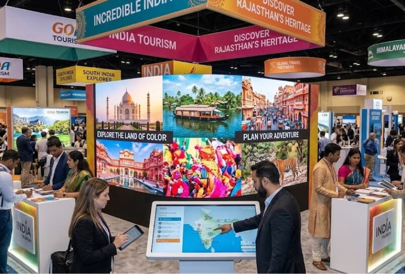Digital displays at a visitor centre showing travel content