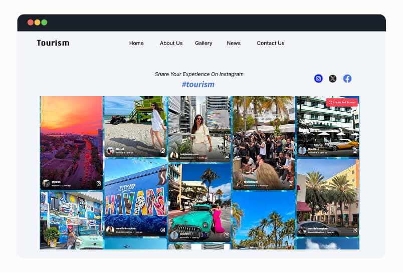 Tourism website featuring an embedded social media widget
