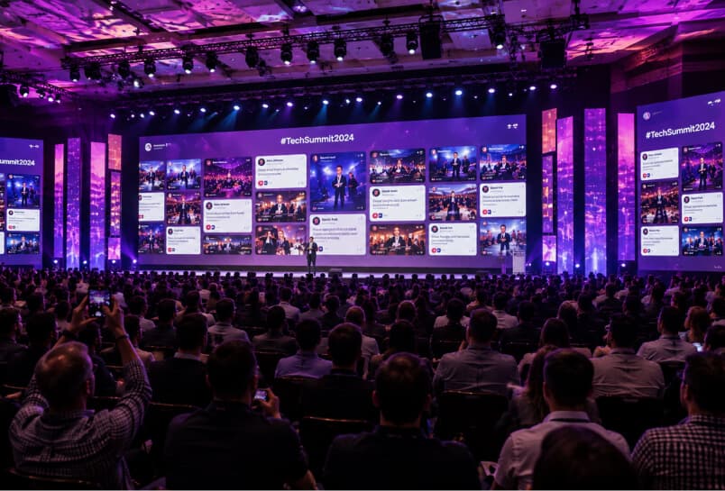 LED screens at an event displaying live attendee posts and speaker highlights
