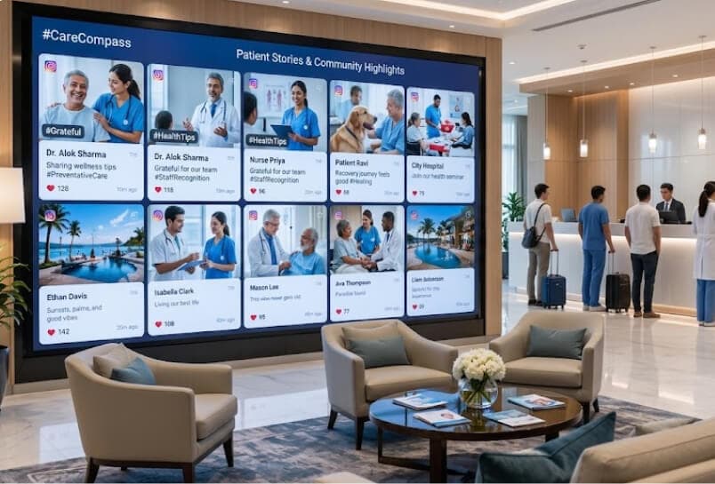 Digital display showing health campaign updates and community content