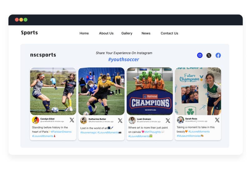 Site web d'équipe sportive avec un widget de médias sociaux intégré