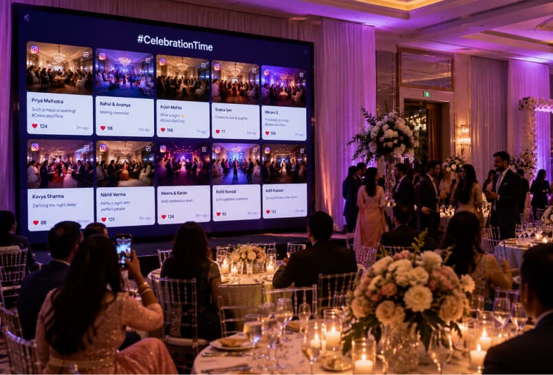 Stage screens highlighting live audience reactions and event moments