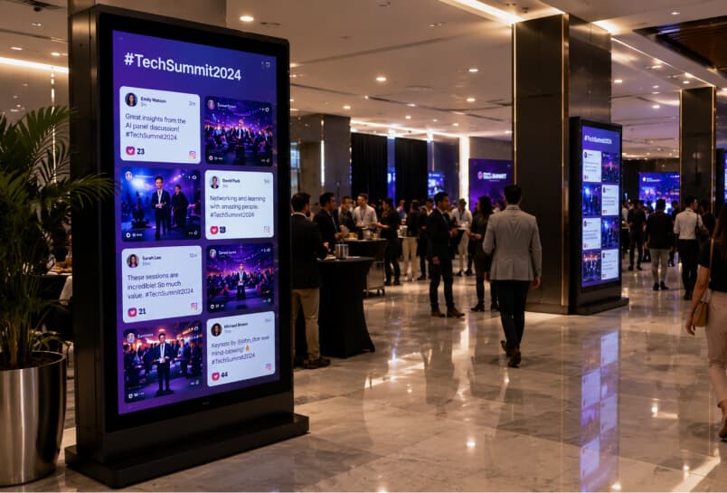 Digital displays in a venue showcasing event updates and social conversations